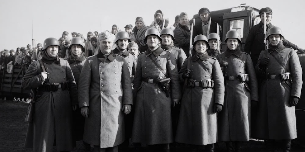 Deutsche Soldaten vor einer Moorbahn mit Kriegsgefangenen